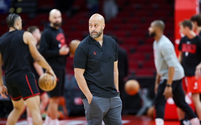 Rockets general manager Rafael Stone watches during practice before the game against the Golden State Warriors at Toyota Center.